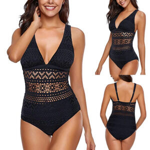 (M5) Swim Womens One Piece Swimsuit Size XXL Black Lace Floral Summer